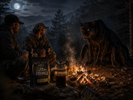 Two hunters in camo sharing Foxhole Coffee S'mores blend with the Wampus Cat at a campfire under a full moon in the Smoky Mountains