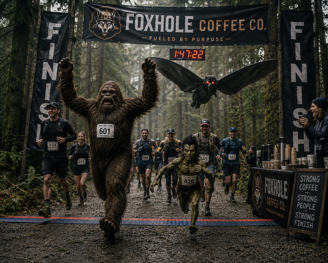 Sasquatch bib 601 and green cryptid bib 420 crossing the Foxhole Coffee Co finish line at a PNW trail run with Mothman gliding overhead and Foxhole Strong Coffee Strong People Strong Finish banner