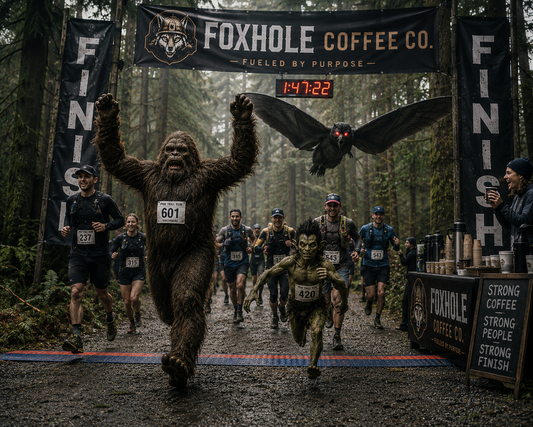 Sasquatch bib 601 and green cryptid bib 420 crossing the Foxhole Coffee Co finish line at a PNW trail run with Mothman gliding overhead and Foxhole Strong Coffee Strong People Strong Finish banner