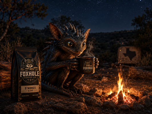 Chupacabra drinking Foxhole Coffee S'mores blend at a Texas campfire
