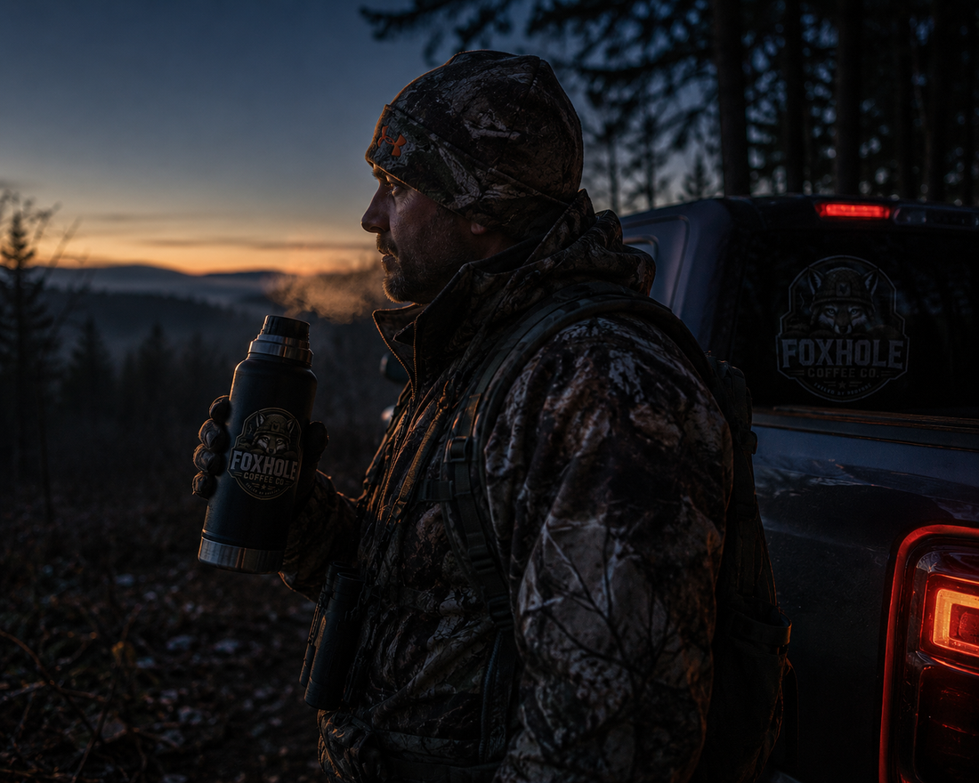 Hunter in camo gear holding a Foxhole Coffee thermos at dawn next to a truck