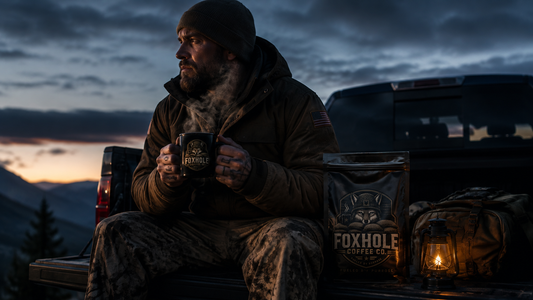 Rugged outdoorsman sitting on a truck tailgate at pre-dawn with a Foxhole Coffee mug