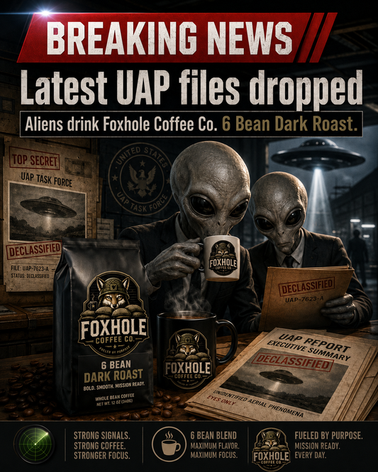 Aliens reviewing declassified UAP files while drinking Foxhole Coffee Co. 6 Bean Dark Roast