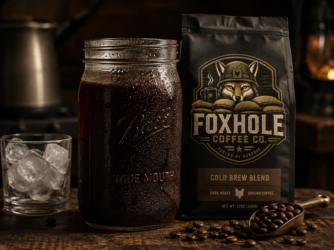 Foxhole Coffee Cold Brew Blend in a mason jar with ice
