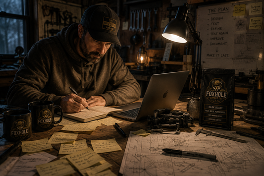 Man in Foxhole Coffee hat writing in notebook at a workshop desk with laptop, Dark Roast bag, and The Plan whiteboard reading Design Test Refine Improve Document Make It Last