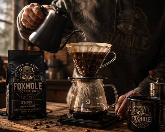 Gooseneck kettle pouring over a V60 dripper with Foxhole Coffee S'mores Medium Roast