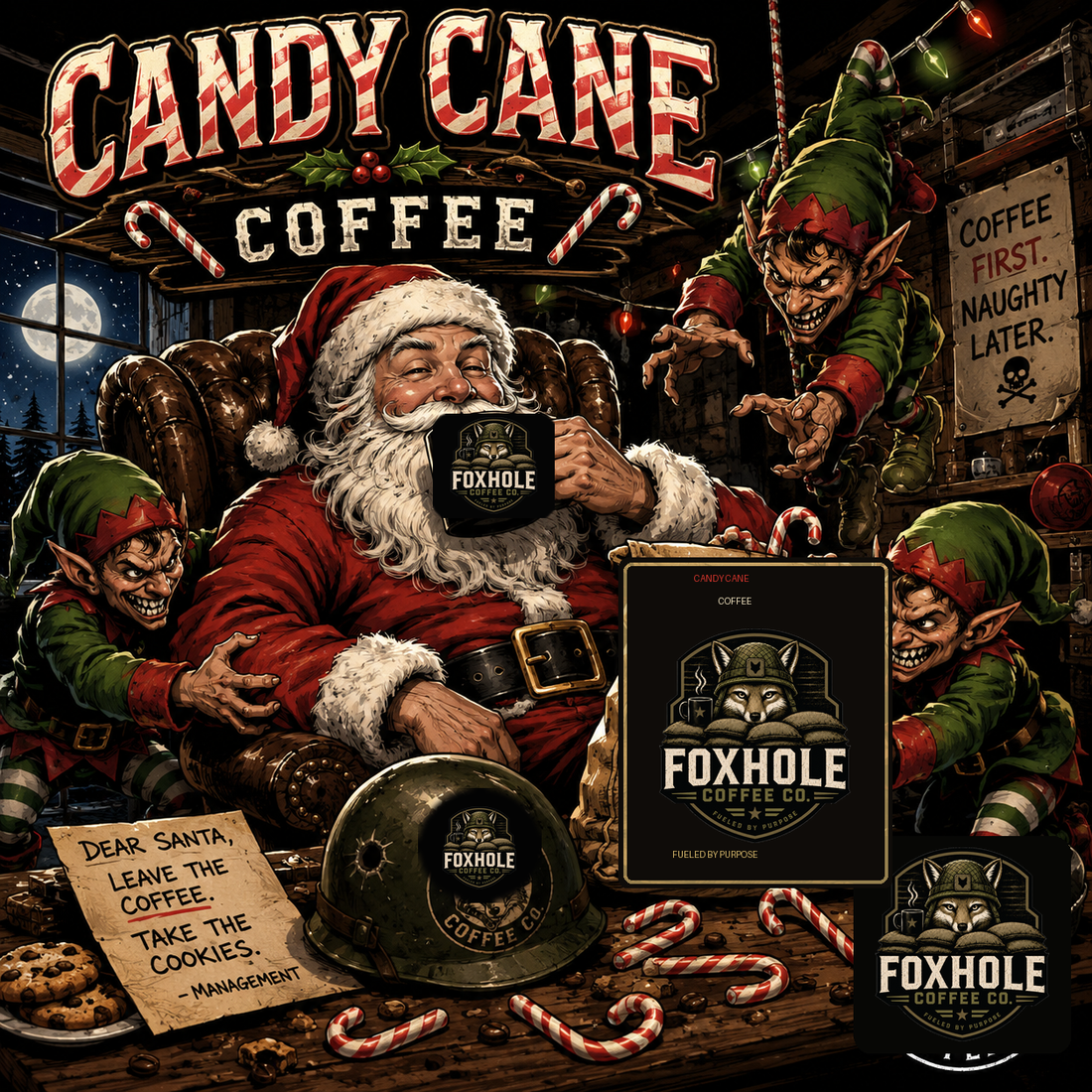 Santa and evil elves with Foxhole Coffee Co. Candy Cane Coffee — Coffee First, Naughty Later