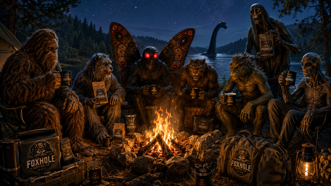 All summer cryptids — Bigfoot, Mothman, Beast of Bray Road, Wampus Cat, Lizard Man, Nessie, Ozark Howler, Fouke Monster — gathered around a campfire holding Foxhole Coffee products under a starry sky