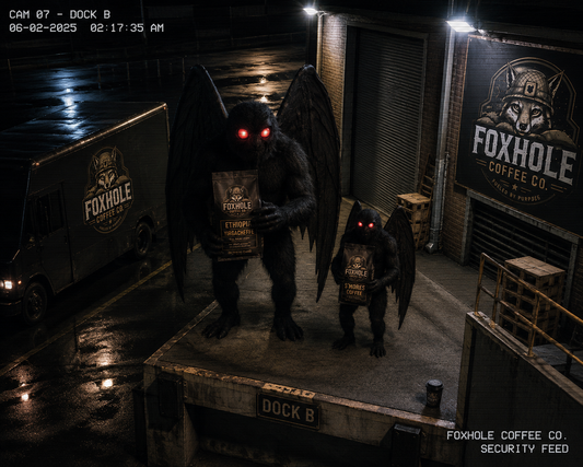 Security camera footage of Mothman and smaller Mothman on Dock B at 2:17 AM holding Foxhole Coffee Ethiopia Yirgacheffe and S'mores bags
