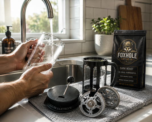 Hands washing a disassembled French press under running water with Foxhole Coffee Dark Roast bag visible on the counter
