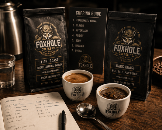 Foxhole Coffee cupping setup with Light Roast and Dark Roast bags, cupping guide card, tasting notes notebook, and two branded cups on dark wood