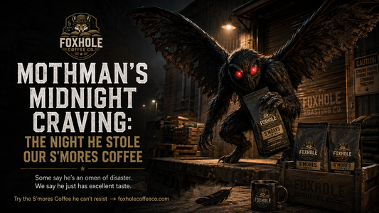 Mothman stealing Foxhole Coffee S'mores blend from the roastery loading dock
