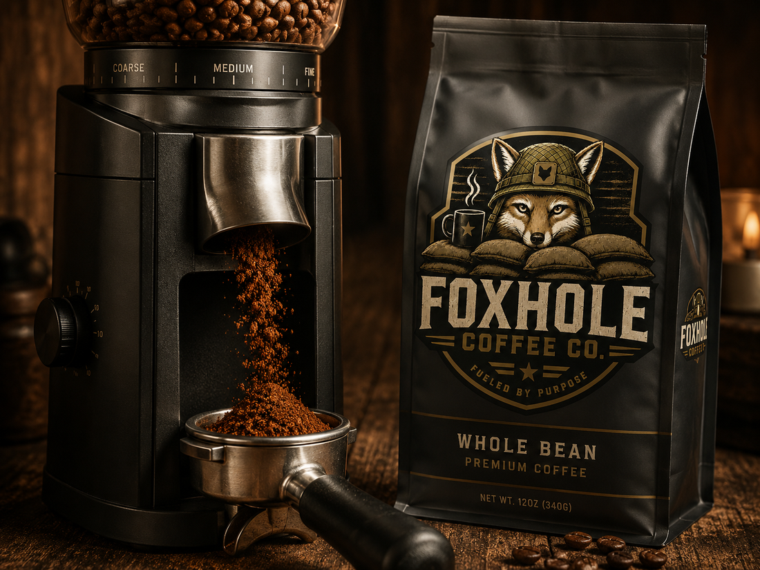 Burr grinder with Foxhole Coffee Whole Bean bag showing coarse to fine grind settings