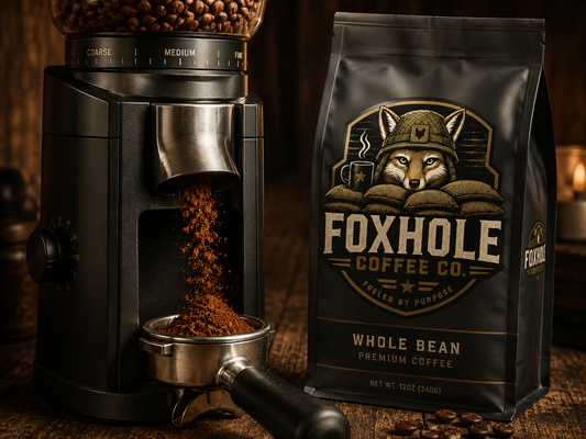 Burr grinder with Foxhole Coffee Whole Bean bag showing coarse to fine grind settings