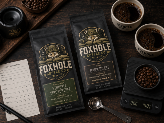 Foxhole Coffee Cold Brew mason jar and bag at Bigfoot's forest camp with note reading Great Brew Gone Fishin P.S. Nice Camp