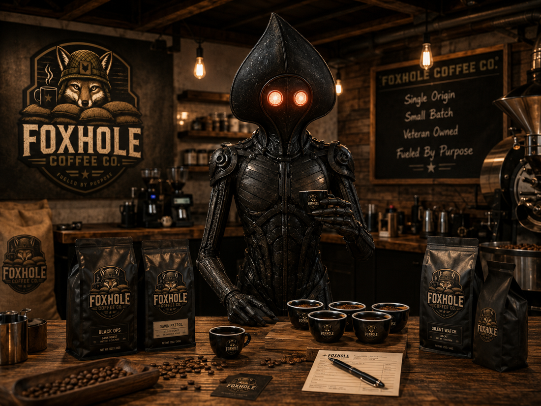 The Flatwoods Monster at a Foxhole Coffee tasting event with multiple blends on the counter