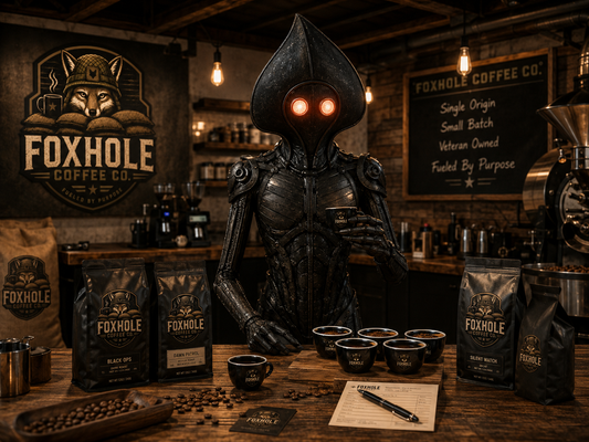 The Flatwoods Monster at a Foxhole Coffee tasting event with multiple blends on the counter