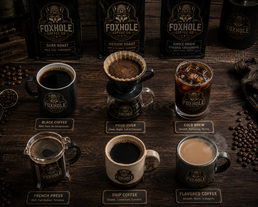 Six Foxhole Coffee brew methods laid out on dark wood — black coffee, pour-over, cold brew, French press, drip, and flavored coffee with labels