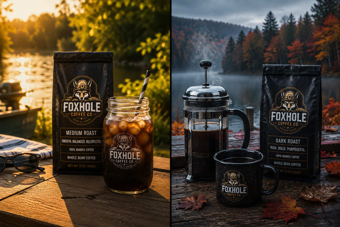 Split seasonal shot: left side Foxhole Medium Roast cold brew mason jar on a sunny summer dock, right side Foxhole Dark Roast French press and camp mug on a misty fall dock with turning leaves