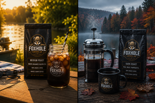 Split seasonal shot: left side Foxhole Medium Roast cold brew mason jar on a sunny summer dock, right side Foxhole Dark Roast French press and camp mug on a misty fall dock with turning leaves