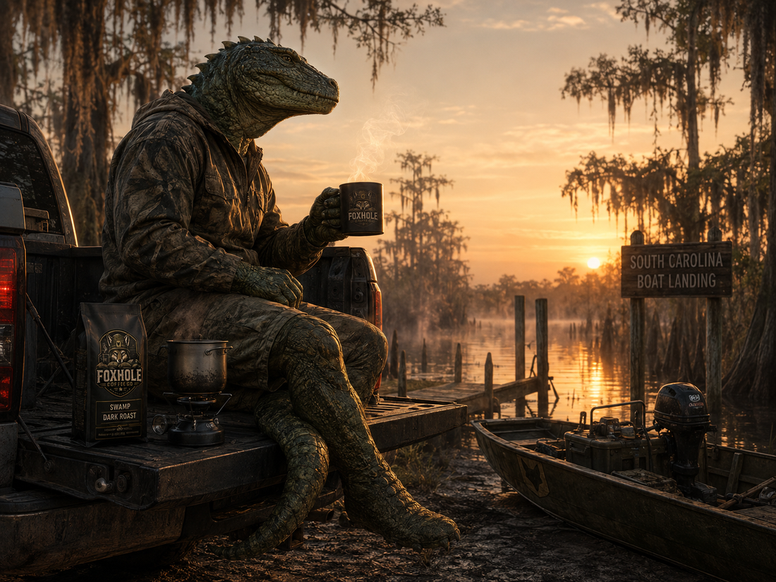 Lizard Man of Scape Ore Swamp sitting on a truck tailgate at the South Carolina boat landing at sunrise holding a Foxhole Coffee mug with Spanish moss and swamp in background