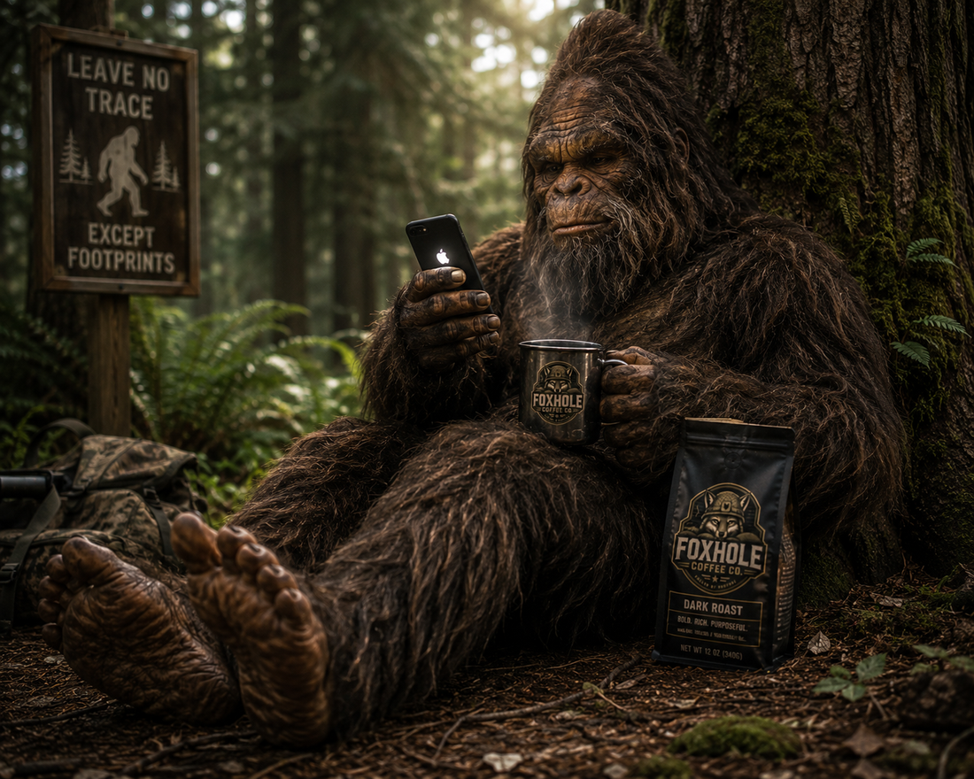 Sasquatch sitting against a tree with a Foxhole Coffee mug and phone next to a Leave No Trace sign