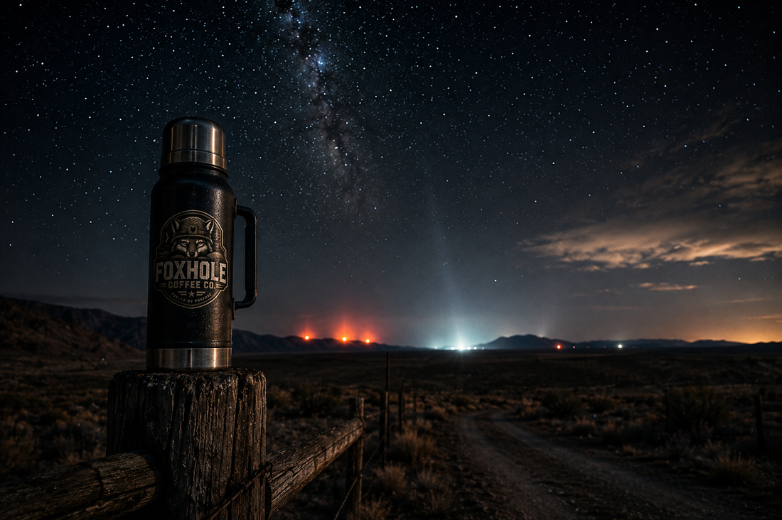 Foxhole Coffee thermos on a fence post at Skinwalker Ranch under the Milky Way