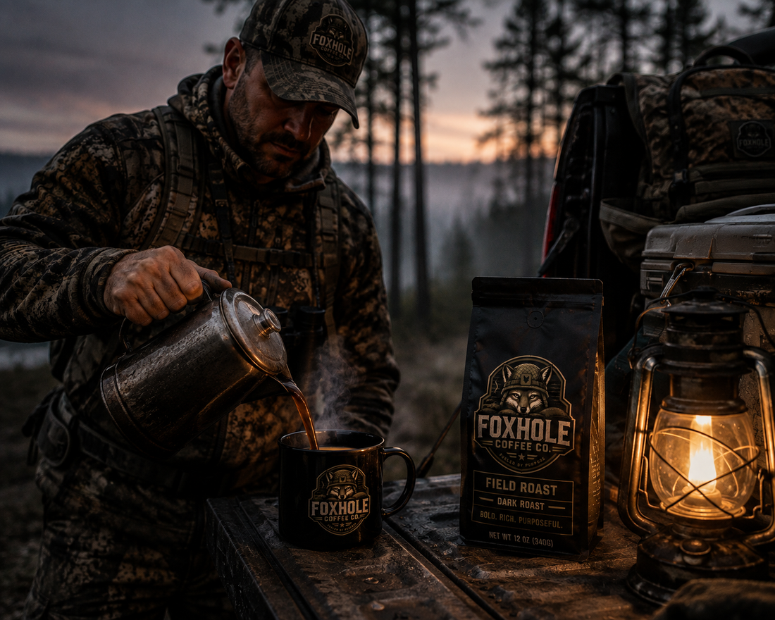 Hunter pouring Foxhole Field Roast Dark Roast at pre-dawn on a tailgate