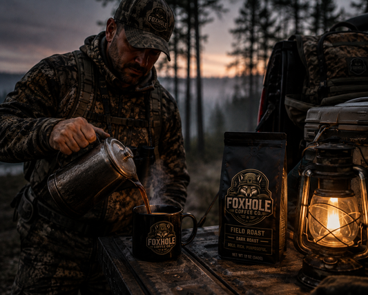 Hunter pouring Foxhole Field Roast Dark Roast at pre-dawn on a tailgate