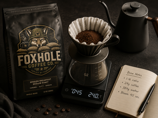 Foxhole Coffee Mission Breakfast Medium Roast bag beside a pour-over on a scale showing 24g and brew notes with 1:16 ratio, 384g water, bloom 45 sec