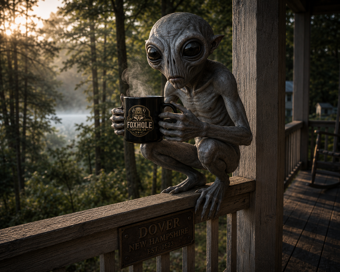 The Dover Demon crouching on a porch railing in Dover New Hampshire holding a Foxhole Coffee mug