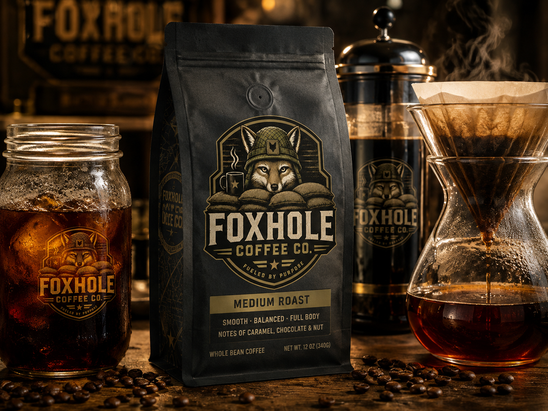 Foxhole Coffee Medium Roast bag center frame with cold brew mason jar, French press, and pour-over Chemex all brewing simultaneously on a dark wood surface