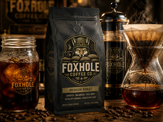 Foxhole Coffee Medium Roast bag center frame with cold brew mason jar, French press, and pour-over Chemex all brewing simultaneously on a dark wood surface