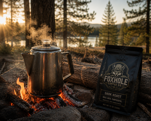 Classic steel percolator on campfire coals at golden hour with Foxhole Coffee Dark Roast bag
