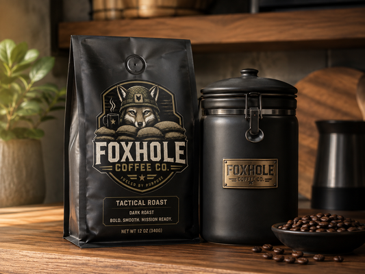 Foxhole Coffee Tactical Roast Dark Roast bag beside a branded airtight coffee canister on a wooden shelf