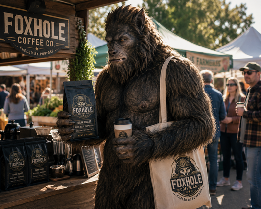 Beast of Bray Road holding Foxhole Coffee Dark Roast bag and paper cup at a farmers market booth with Foxhole tote bag