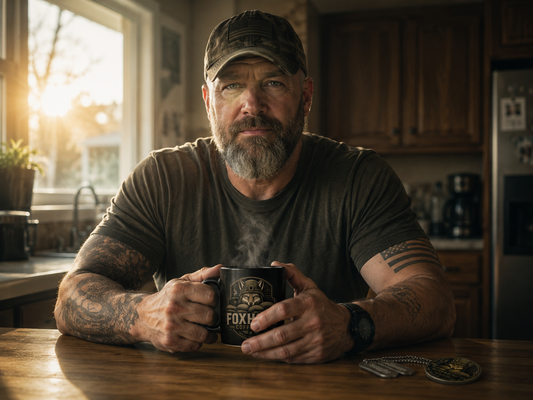 Veteran with tattoos and dog tags holding a Foxhole Coffee mug at a kitchen table in early morning light