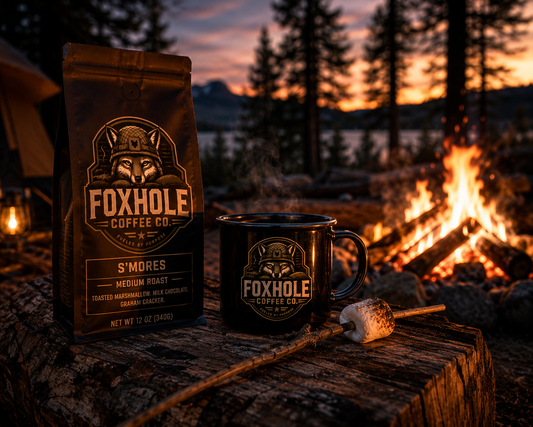 Foxhole Coffee S'mores Medium Roast bag and mug at a campfire with a toasted marshmallow