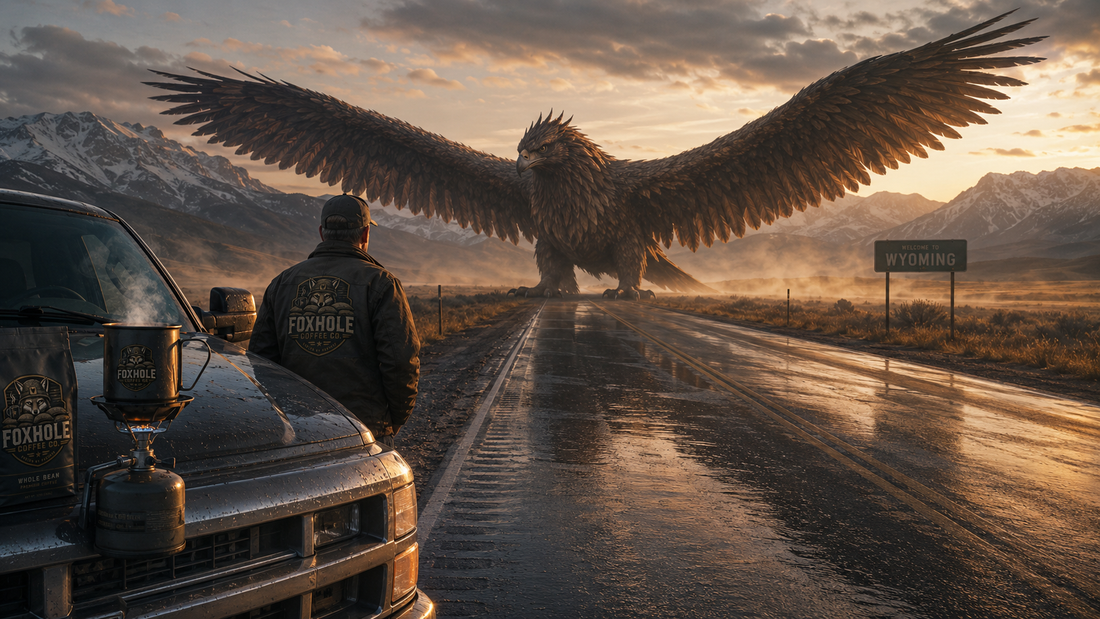Foxhole Coffee driver facing a massive Thunderbird blocking a Wyoming highway at dawn with camp stove on the hood