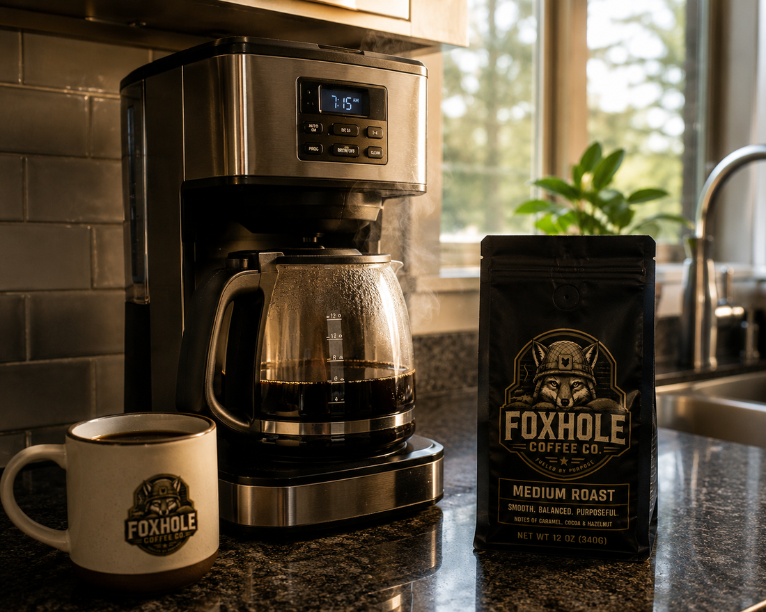 Foxhole Coffee Medium Roast bag beside a drip coffee maker and branded mug on a kitchen counter