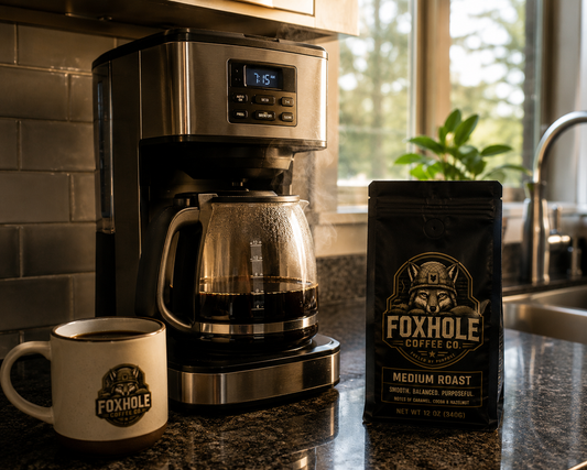 Foxhole Coffee Medium Roast bag beside a drip coffee maker and branded mug on a kitchen counter