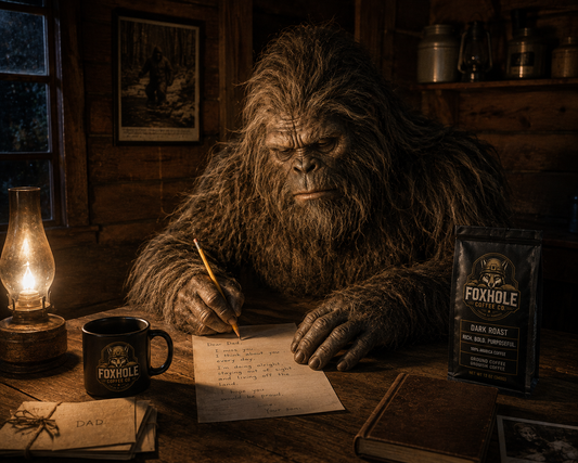 Bigfoot writing Dear Dad letter by oil lamp at a rustic cabin table with Foxhole Coffee Dark Roast bag and branded mug beside him