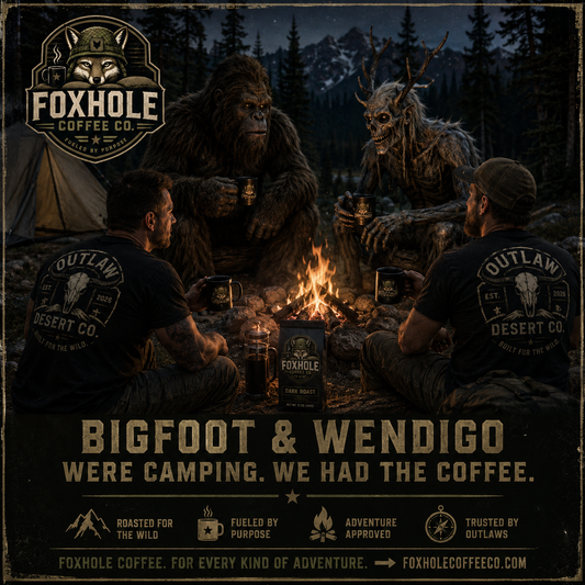 Bigfoot and Wendigo camping with Foxhole Coffee around a fire in the Cascades
