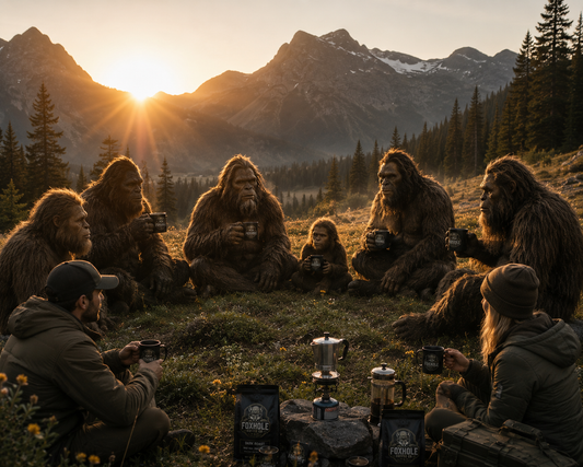 Group of Sasquatches and two humans sharing Foxhole Coffee in a mountain meadow at sunrise