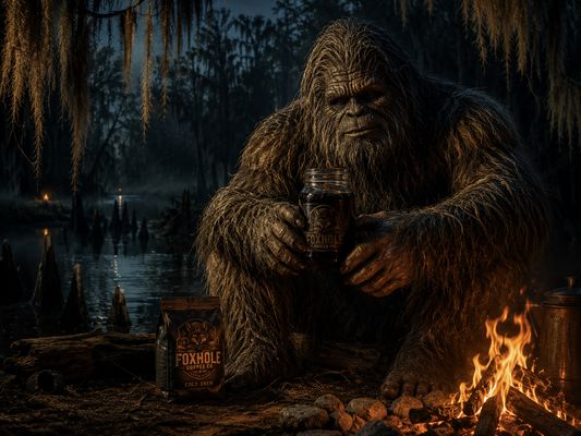 Honey Island Swamp Monster sitting by a bayou campfire holding a Foxhole Coffee Cold Brew mason jar with Spanish moss hanging above