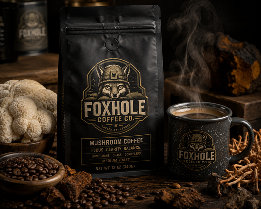 Foxhole Coffee Mushroom Coffee bag with lion's mane mushrooms, coffee beans, and a steaming branded mug