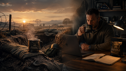 Split image of a military foxhole at dawn and a veteran at a home office desk, both with Foxhole Coffee mugs