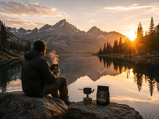 Solo outdoorsman sitting on a rock at a mountain lake at golden hour with Foxhole Coffee mug and camp stove