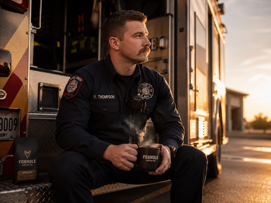 Firefighter R. Thompson sitting on the back step of a fire truck at golden hour holding a steaming Foxhole Coffee Co. mug