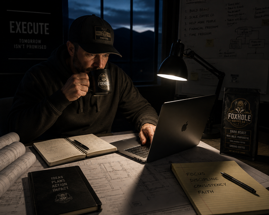 Man in Foxhole Coffee hat drinking from branded mug at a desk covered in plans and notebooks with Execute Tomorrow Isn't Promised sign on wall
